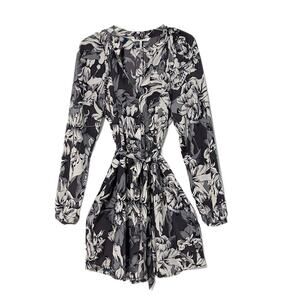 French Connection Shirt Dress Women 16 Gray Black Floral Long Sleeve Belt Career